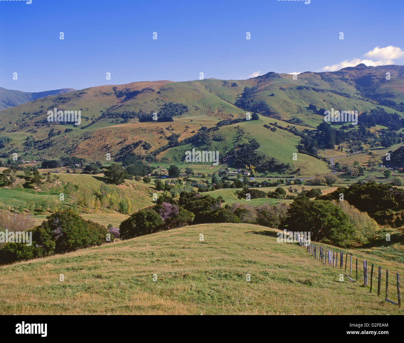 Hügelige Landschaft von Summit Road, Little River, Banks Peninsula, Region Canterbury, Südinsel, Neuseeland Stockfoto