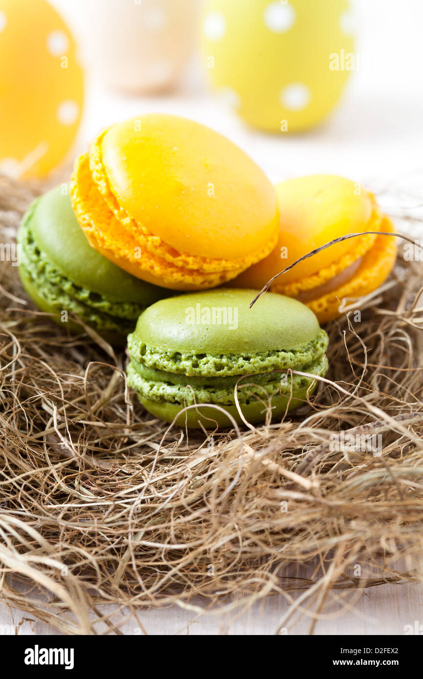 Nahaufnahme von bunten Macarons ruht im Stroh Nest und Easter Eggs auf hellem Hintergrund Stockfoto