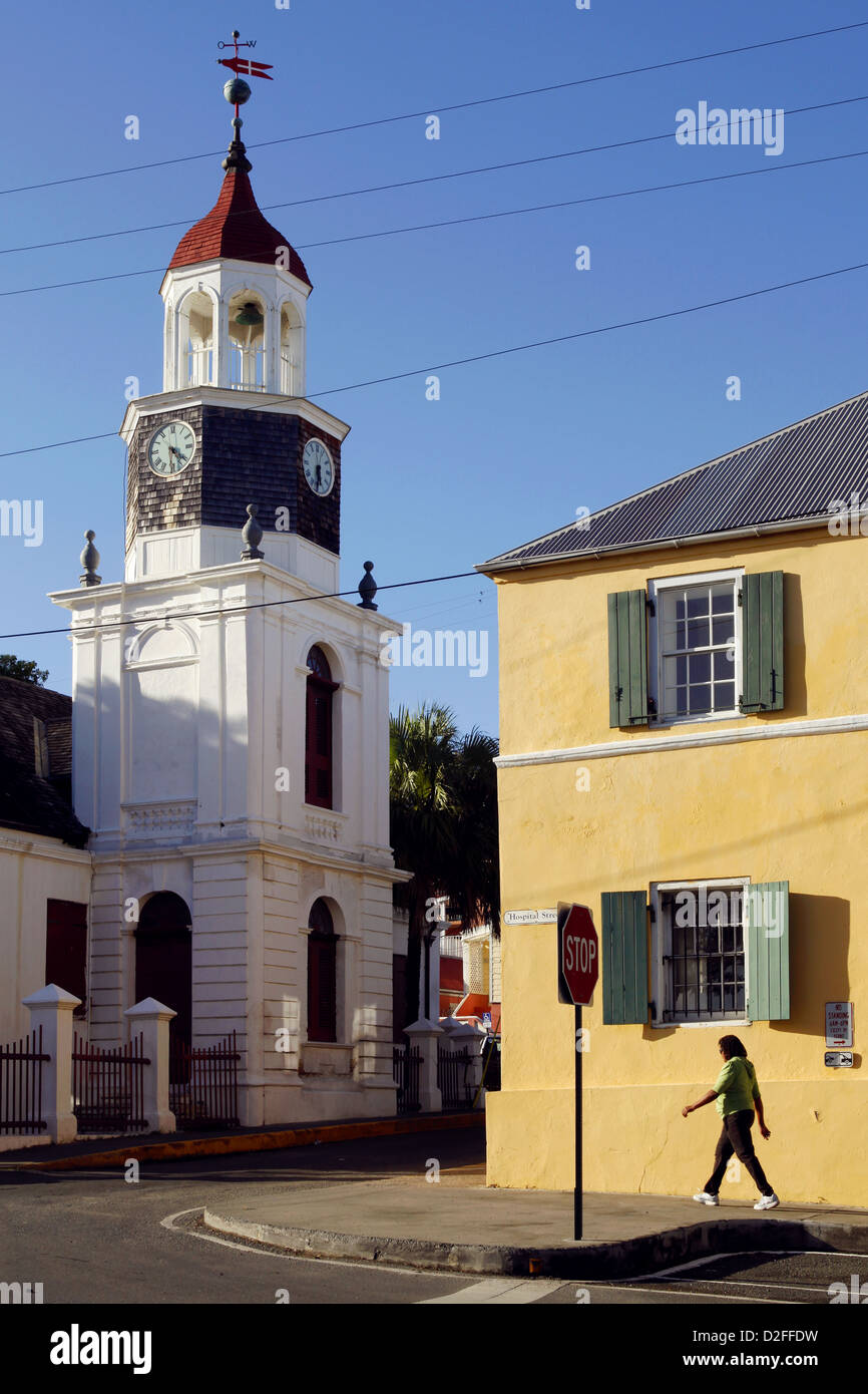 Kirchturm Gebäude (St. Croix erste lutherische Kirche), Christiansted, St. Croix, Amerikanische Jungferninseln, Karibik Stockfoto