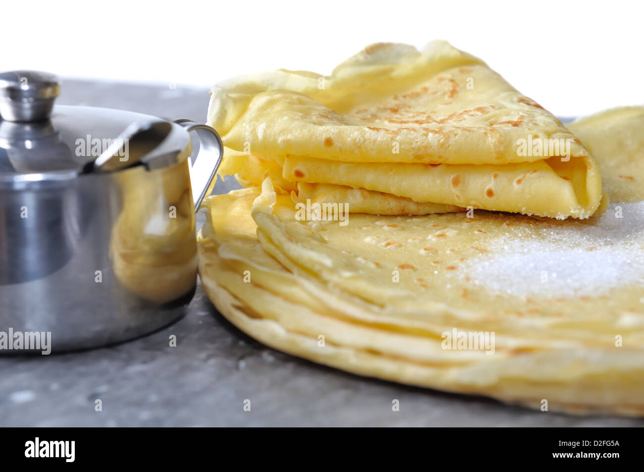 Zuckerdose und Zucker Pfannkuchen bereit, gegessen zu werden Stockfoto