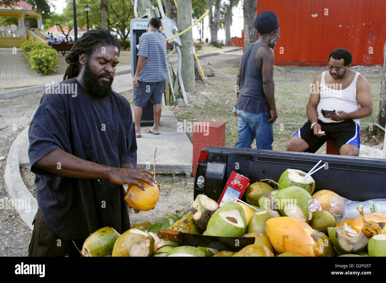 Coconut Getränke von der Rückseite des seinen LKW, Frederiksted, St. Croix, U.S. Virgin Islands, Karibik Stockfoto