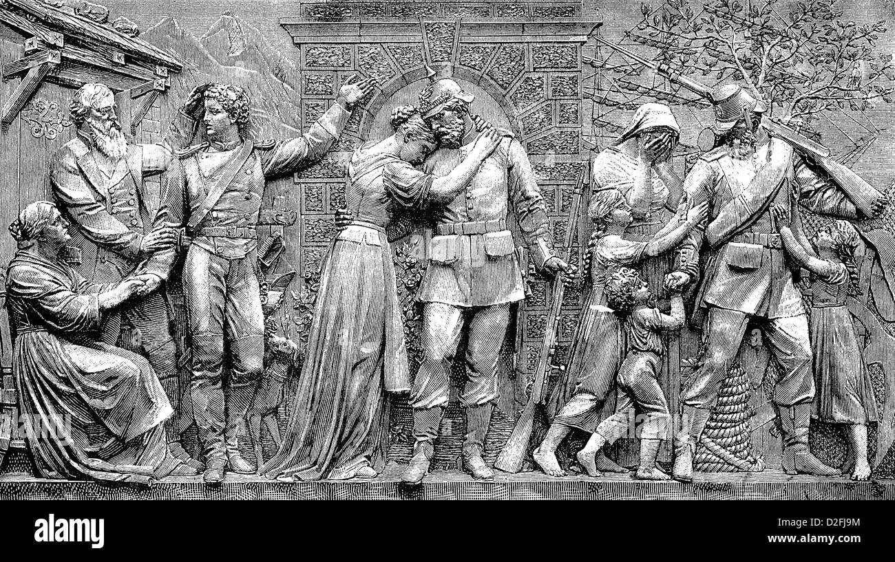 patriotische Kult von Soldaten, Relief auf dem Niederwald-Denkmal, Rüdesheim, Deutschland, Stockfoto
