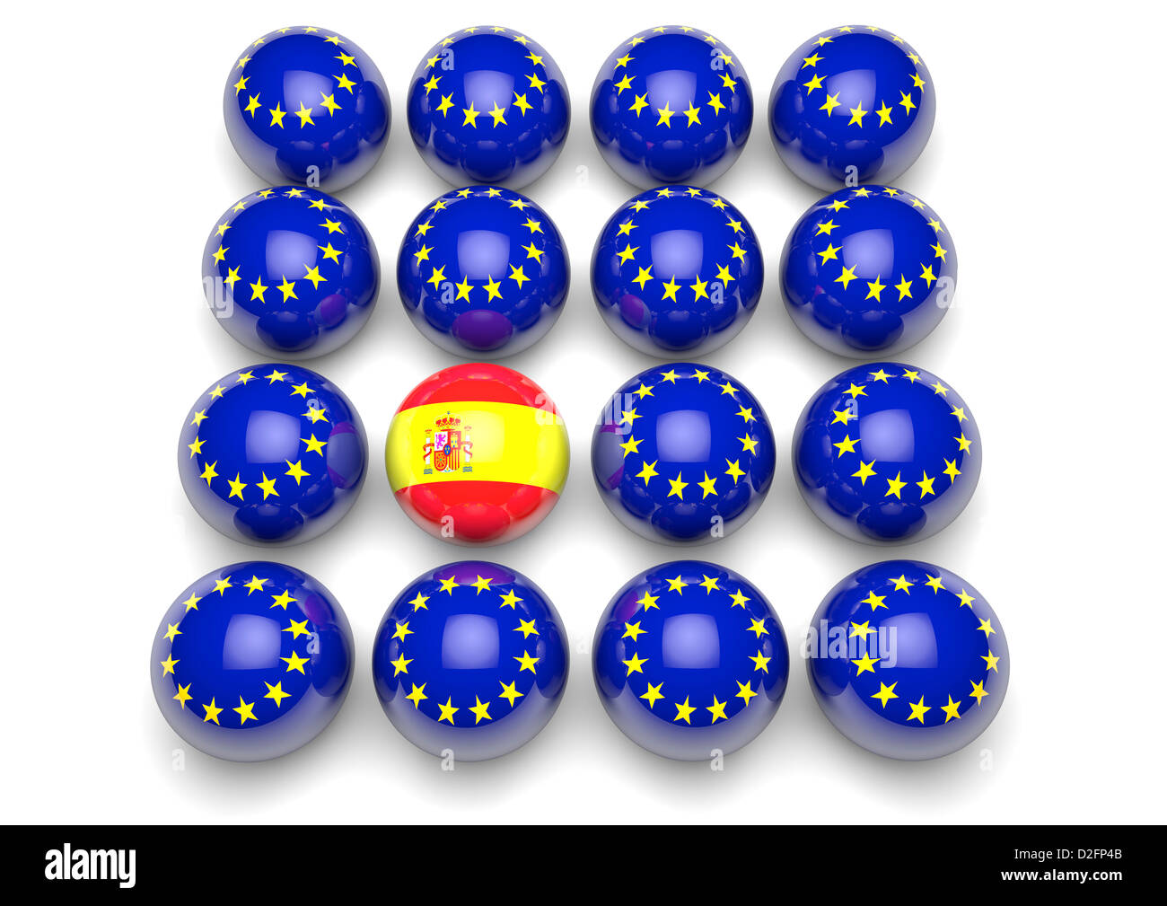 Nahaufnahme von vielen Kugeln mit der europäischen Flagge und eine Kugel mit der Flagge Spaniens Stockfoto
