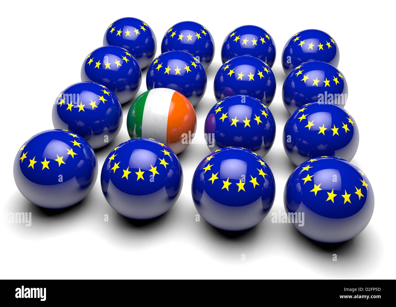 Nahaufnahme von vielen Kugeln mit der europäischen Flagge und eine Kugel mit der Flagge von Irland Stockfoto