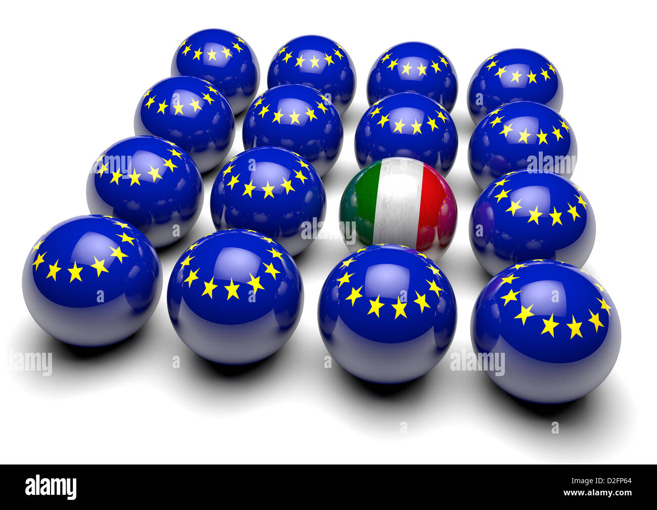 Nahaufnahme von vielen Kugeln mit der europäischen Flagge und eine Kugel mit der Flagge von Italien Stockfoto
