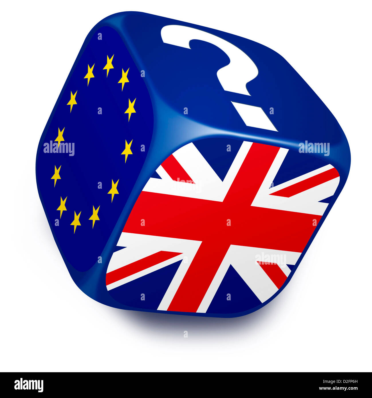 Würfel mit Europäischen Union Flag, britische Flagge und ein Fragezeichen an den Seiten - Austritt Verhandlungen, Verhandlungen über New-Deal-Konzept Stockfoto