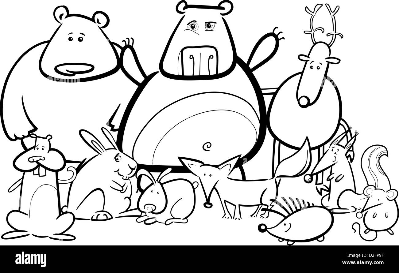 Schwarz und weiß Cartoon Illustration der lustige Wald wilde Tiere wie Bären, Igel, Reh, Hase und Fuchs für Coloring Book Stockfoto