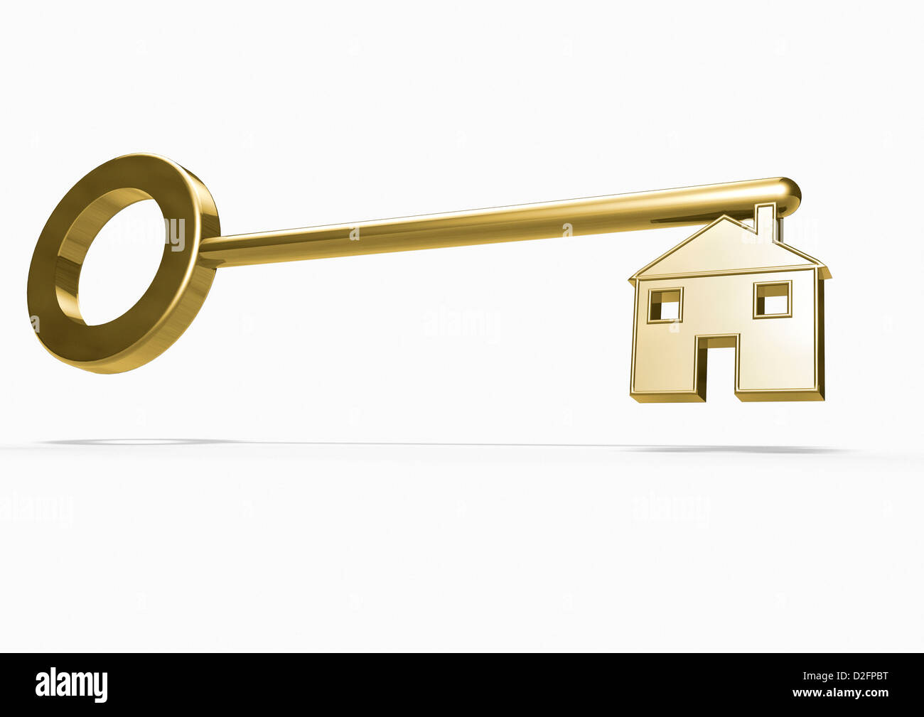 Goldener Schlüssel mit der Klinge in der Form eines Hauses auf weißem Hintergrund - Eigenschaft Konzept Stockfoto