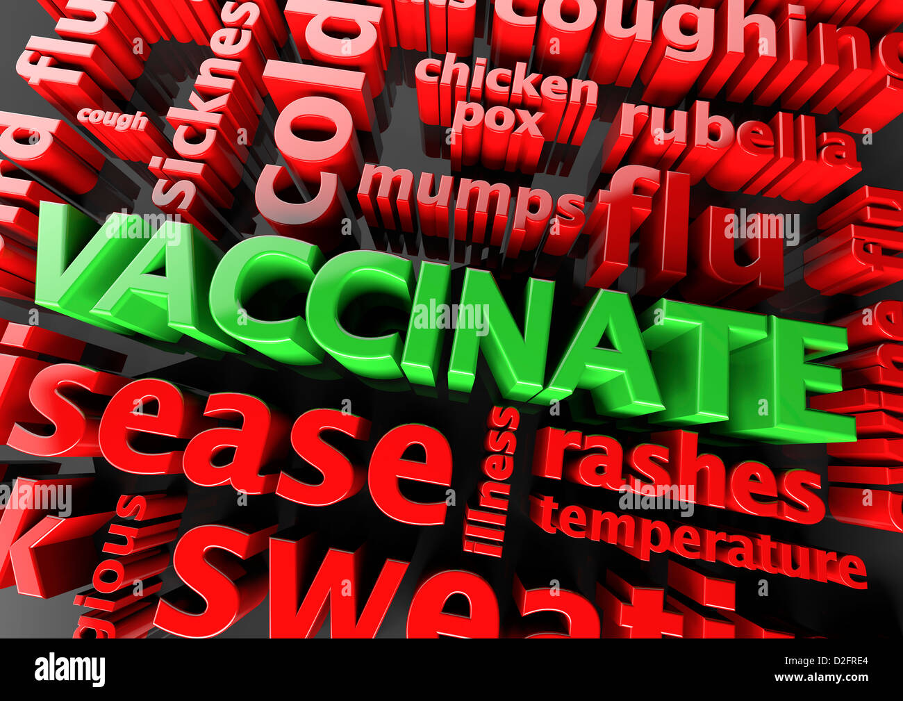 Konzept-Impfung - das Wort impfen, umgeben von verschiedenen Symptom-Worte Stockfoto