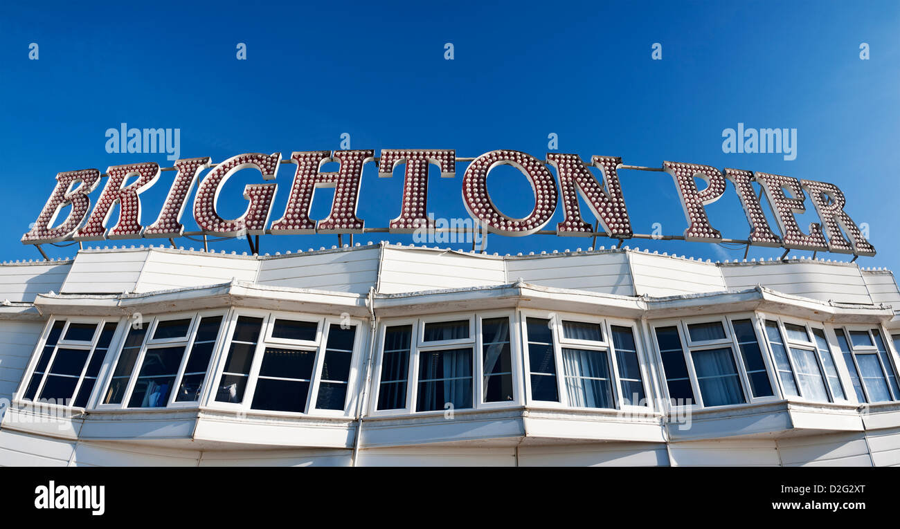 Brighton Pier Zeichen, Sussex, England, UK Stockfoto