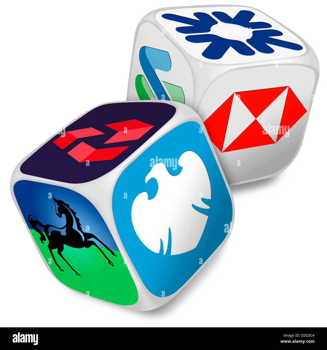 Zwei Würfel mit den Logos der sechs UK Banken auf ihren Gesichtern - Banking / Auswahl / bank / Glücksspiel / Risiko-Konzept Stockfoto