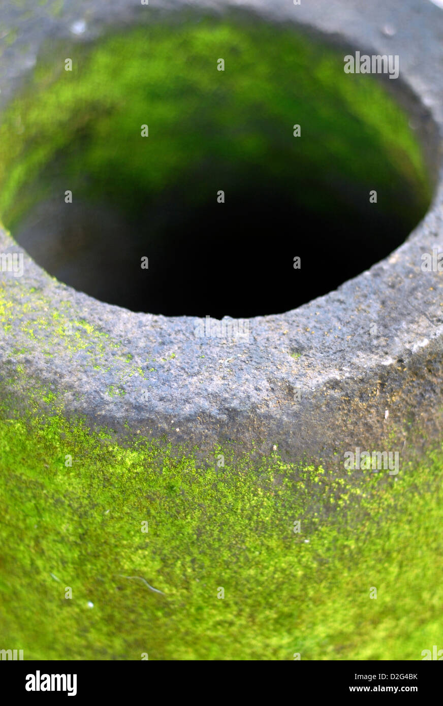 am Rand einer geschnitzten Stein Schüssel bedeckt von Moos auf dem Steg in Ban Bang Bao Koh Chang thailand Stockfoto