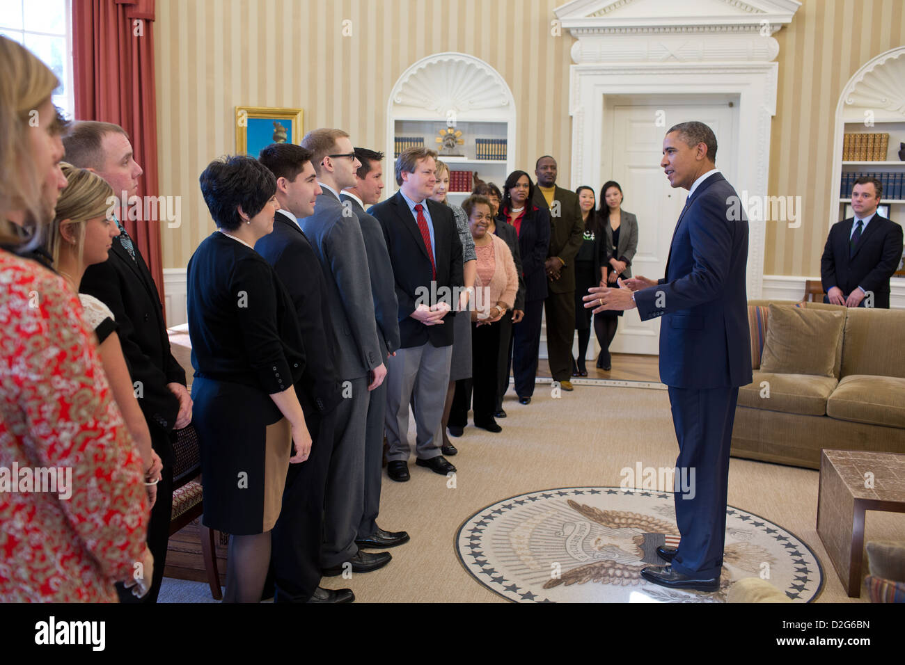 Präsident Barack Obama spricht mit Antrittsrede National Citizen Ko-Vorsitzenden im Oval Office Stockfoto