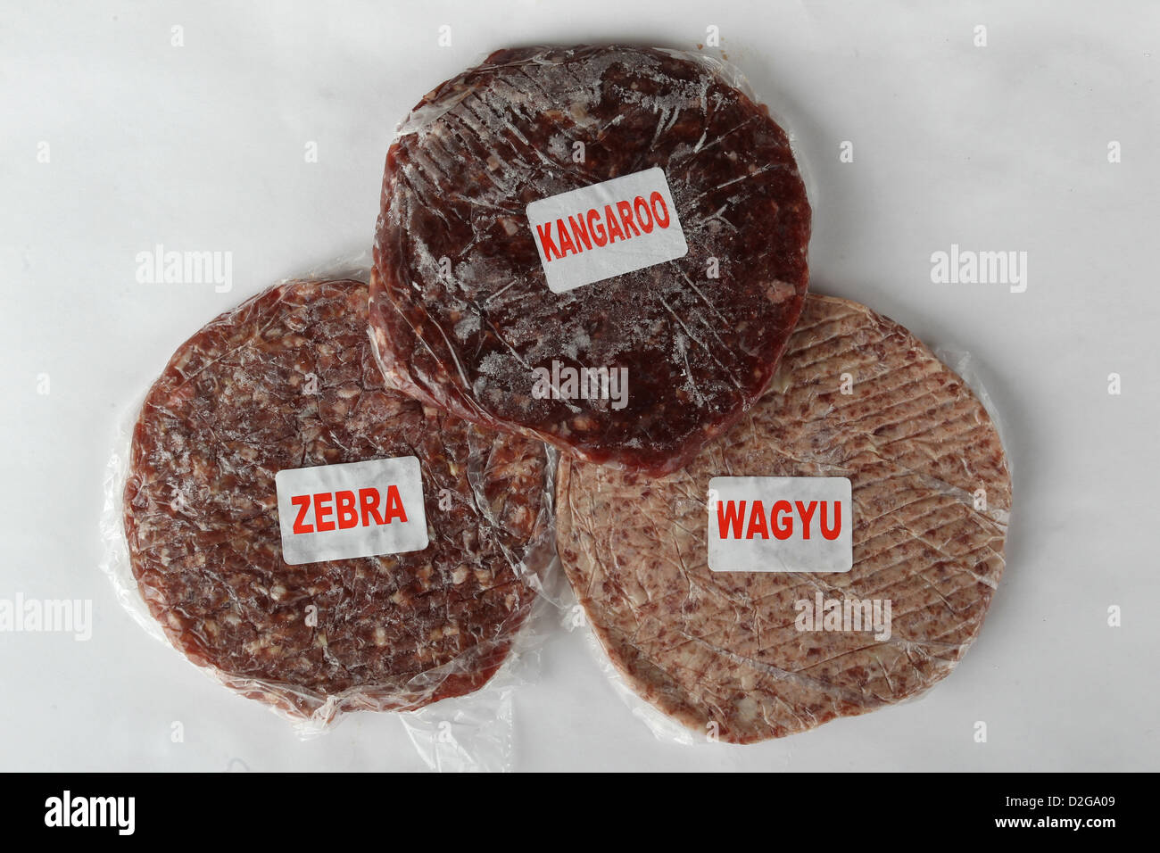 Selten Fleisch, Zebra, Wagyu und Känguru abgebildet in einem Studio in Brighton, East Sussex, UK. Stockfoto