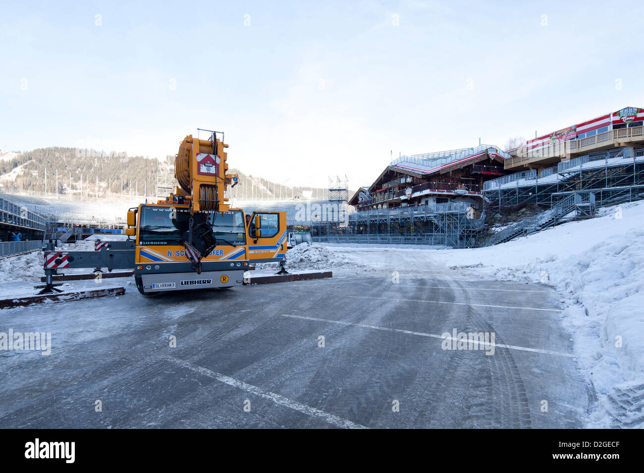 Vorbereitende Maßnahmen im Zielbereich für den FIS Alpinen Ski Weltmeisterschaften 2013 in Schladming, Steiermark, Österreich, Mittwoch, 23. Januar 2013. Stockfoto