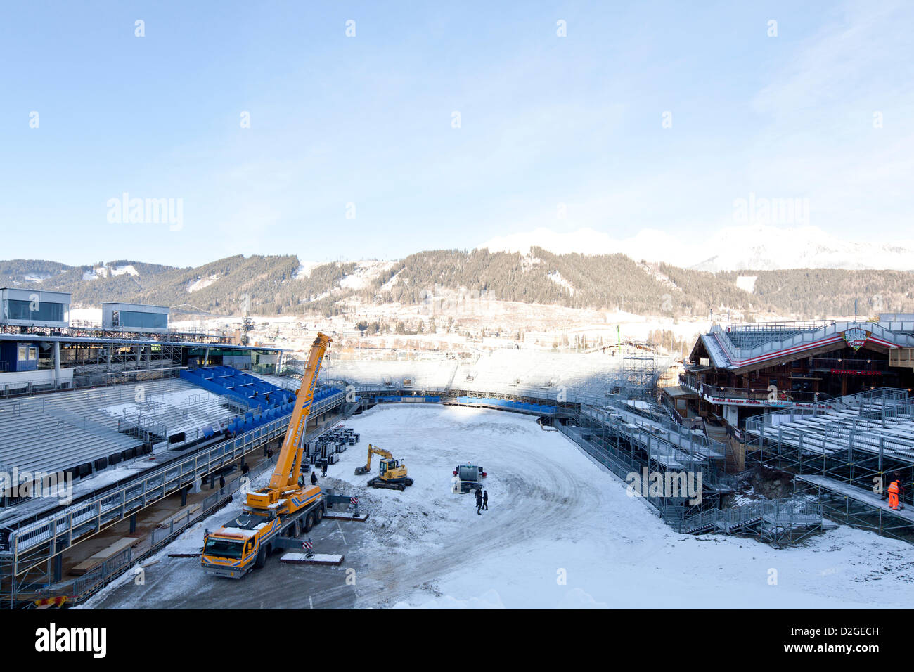 Vorbereitende Maßnahmen im Zielbereich für den FIS Alpinen Ski Weltmeisterschaften 2013 in Schladming, Steiermark, Österreich, Mittwoch, 23. Januar 2013. Stockfoto