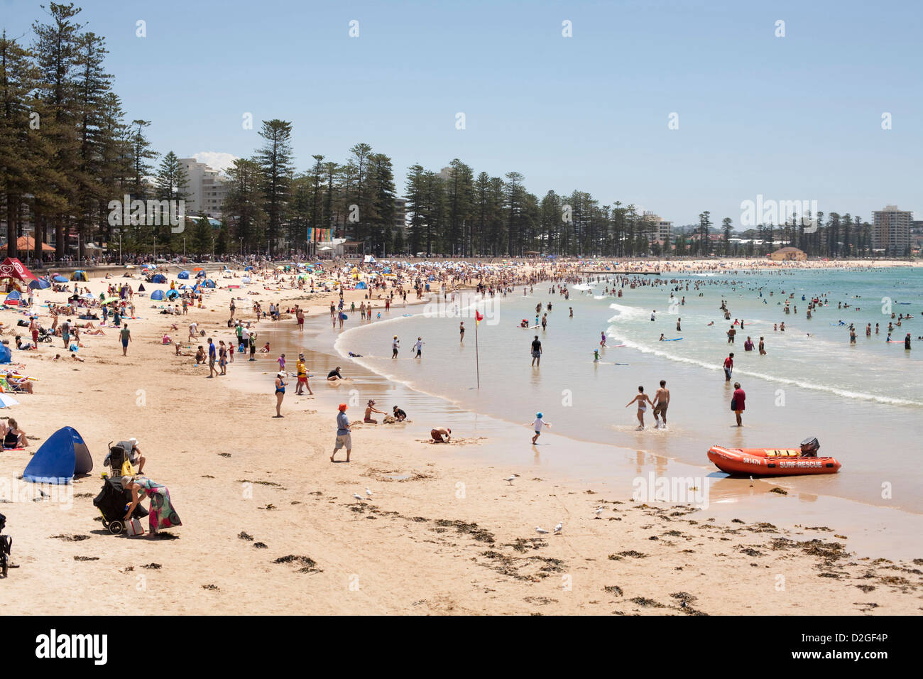 Überfüllten Strand voller Sonnenanbeter und Schwimmer zwischen den Surf Lifesaving Flaggen am Manly Beach Sydney Australia Stockfoto