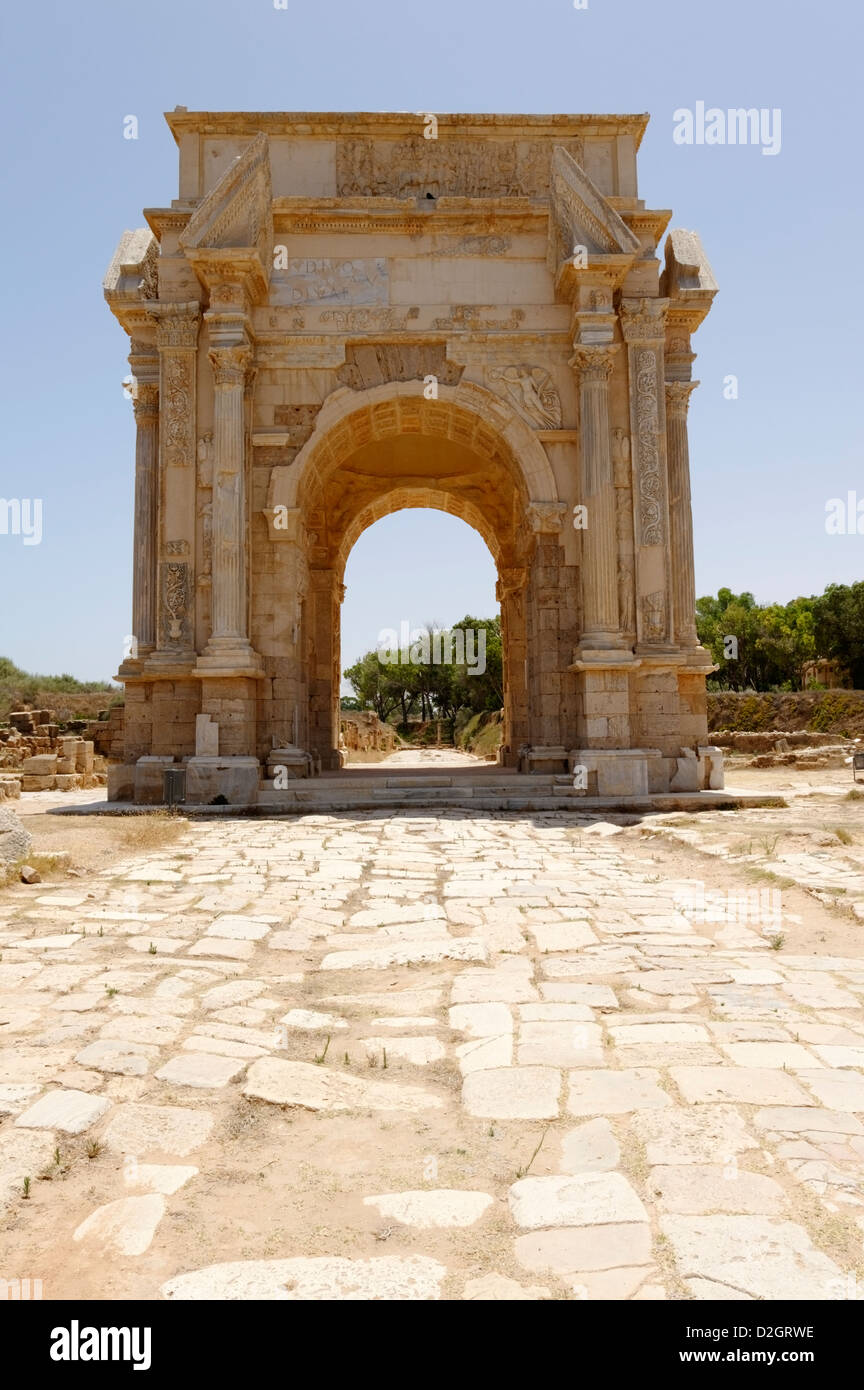 Leptis Magna. Libyen. Die vier-Wege-Bogen des Septimius Severus, gebaut in AD 203 zum Gedenken an den Besuch des Roman Emperor Stockfoto