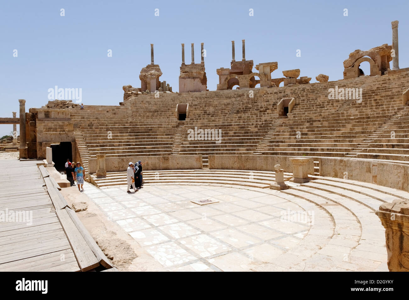 Leptis Magna. Libyen. Das Theater gefunden, um 1-2 AD gebaut wurde und eines der ältesten römischen Theater in der römischen Welt. Stockfoto