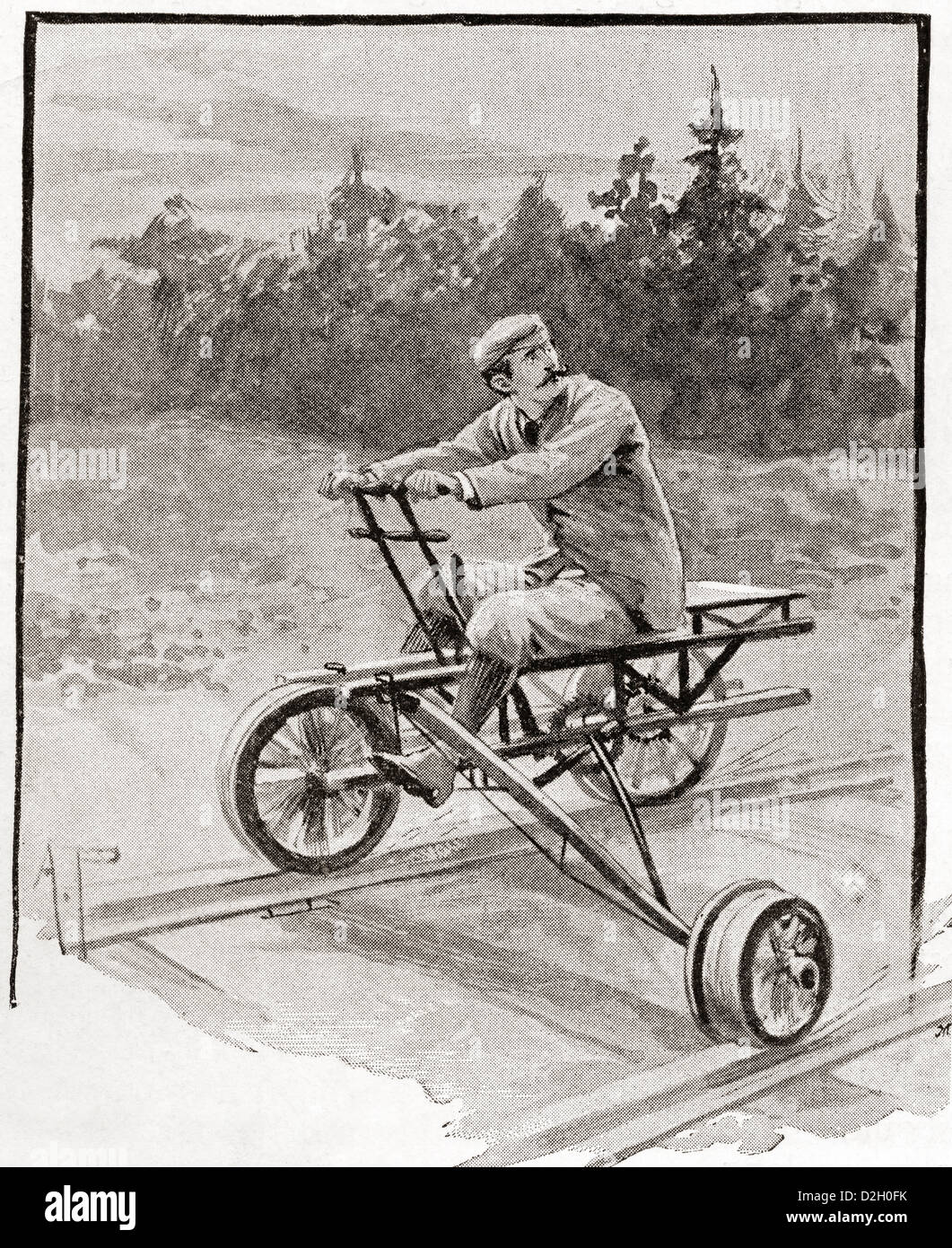 Ein 19. Jahrhundert drei Rädern Veloziped auf ein Bahngleis. Stockfoto