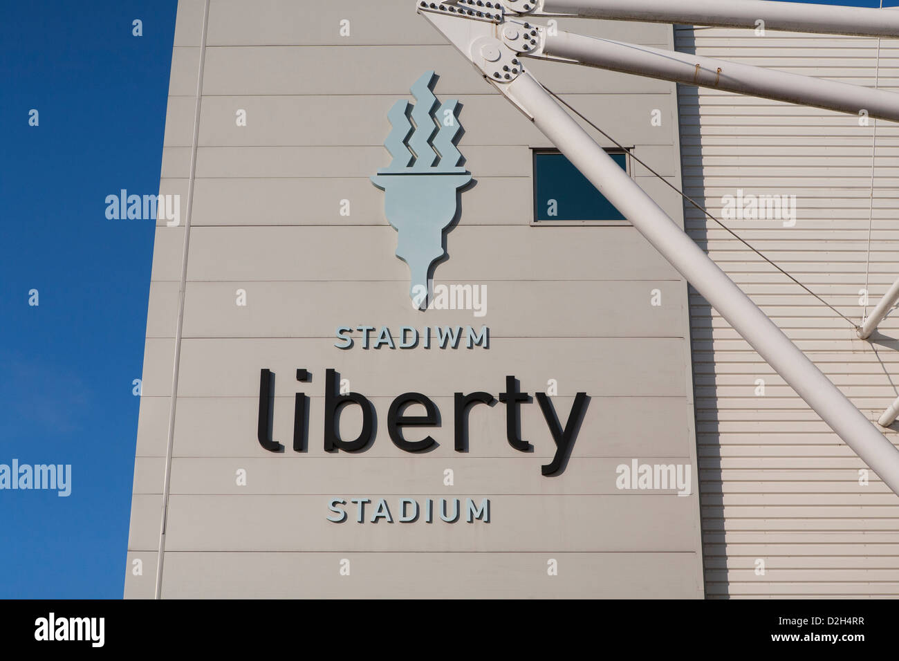 Gesamtansicht von der Liberty Stadion Logo in Swansea, Wales. Stockfoto