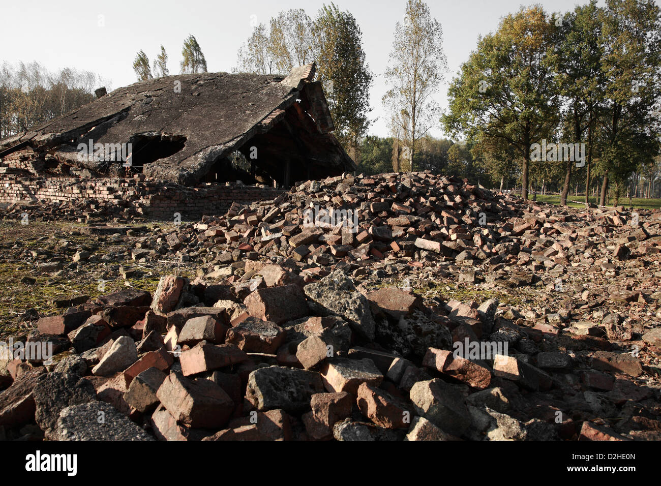 Bauschutt aus den zerstörten Gaskammern in den Konzentrationslagern Auschwitz, Polen Stockfoto