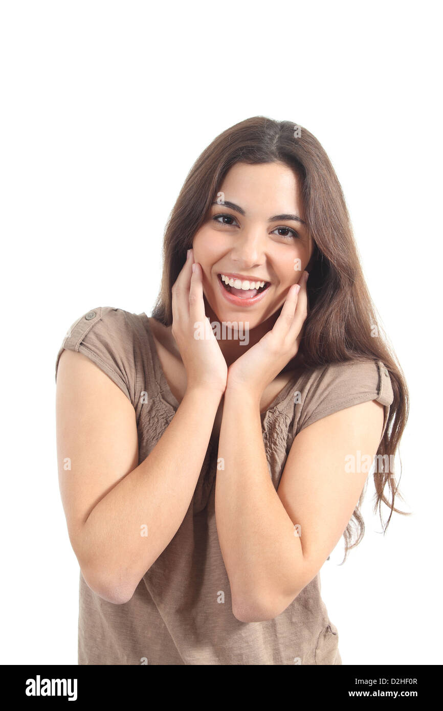 Euphorische Frau Ausdruck mit den Händen auf das Gesicht auf einem weißen Hintergrund isoliert Stockfoto