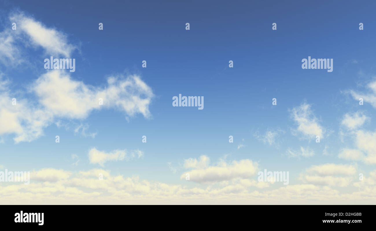 Blauer Himmel mit flauschige weiße Wolken. Breitformat. Computer generierte Bild. Stockfoto