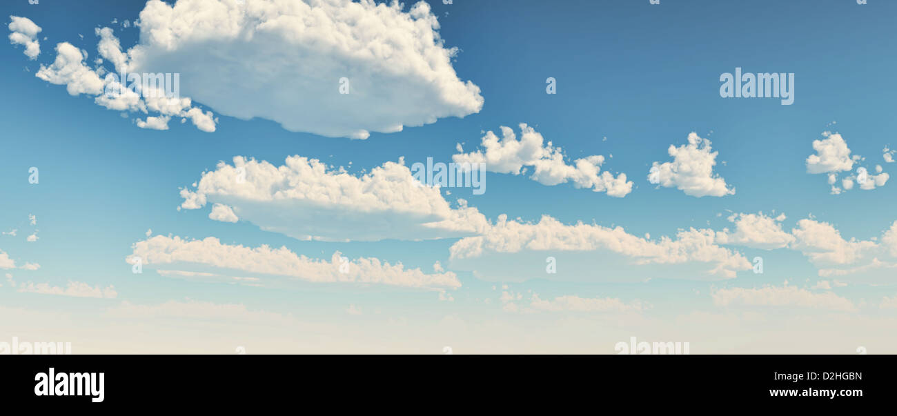 Blauer Himmel mit flauschige weiße Wolken. Breitformat. Computer generierte Bild. Stockfoto