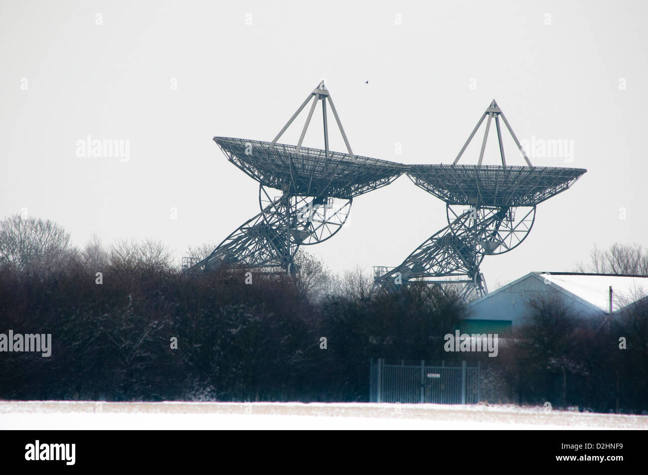 Radioteleskop Cambridge im Schnee der des Radio Astronomy Observatory Stockfoto