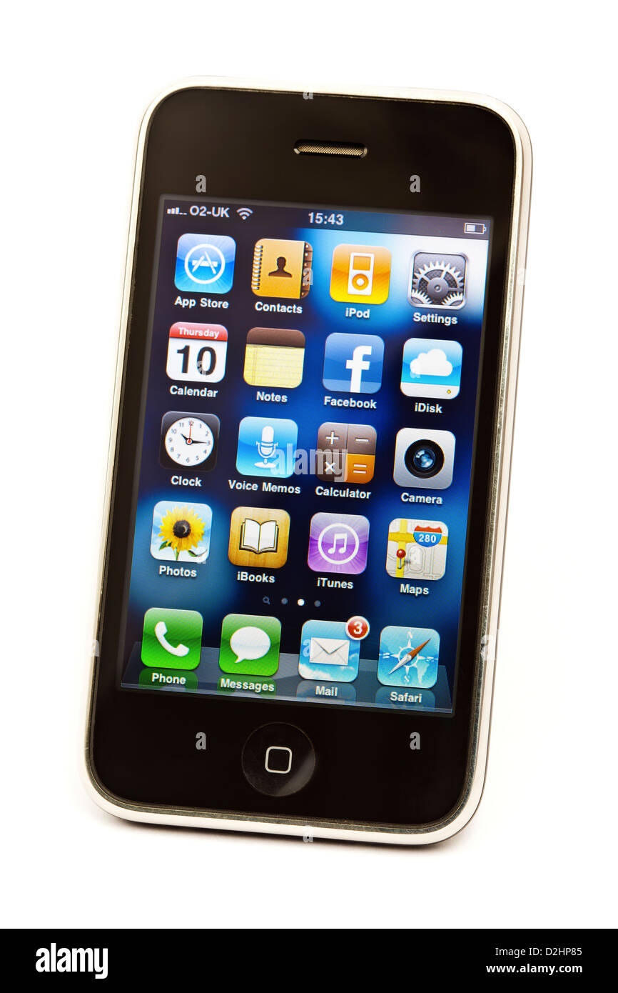 Studioaufnahme von einem iPhone 3GS isoliert auf einem weißen Hintergrund. Bildschirm zeigt eine Auswahl von apps mit einem individuellen Layout. Stockfoto