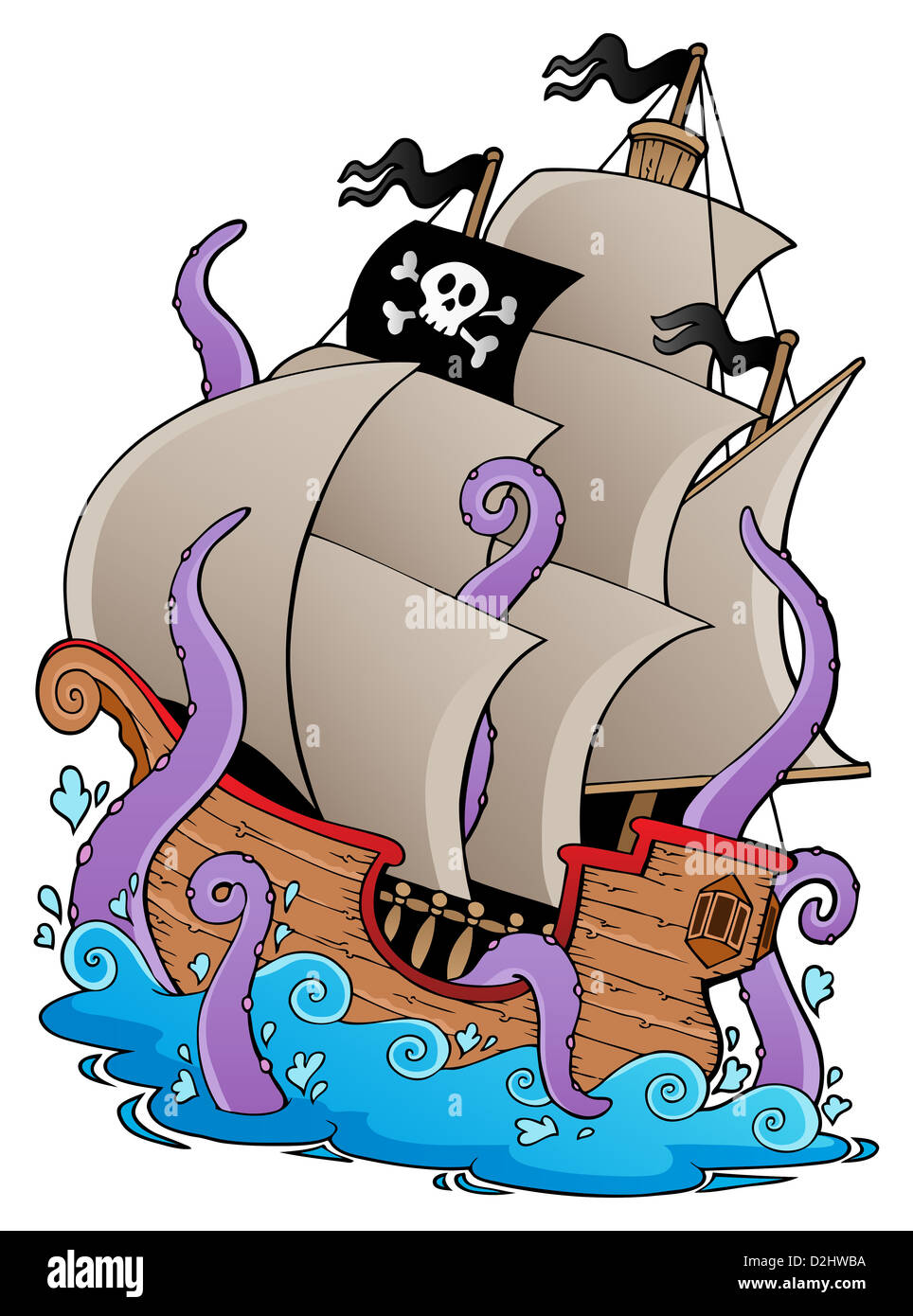 Altes Piratenschiff mit Tentakeln - Bild-Darstellung. Stockfoto