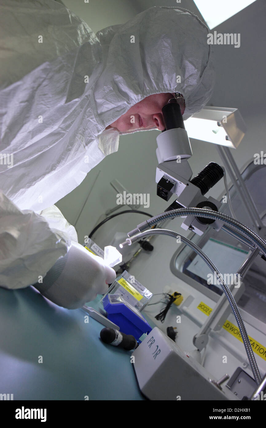 Reinraum, Elektronik-Industrie-Labor-Mikroskop und Arbeitnehmerin, UK Stockfoto