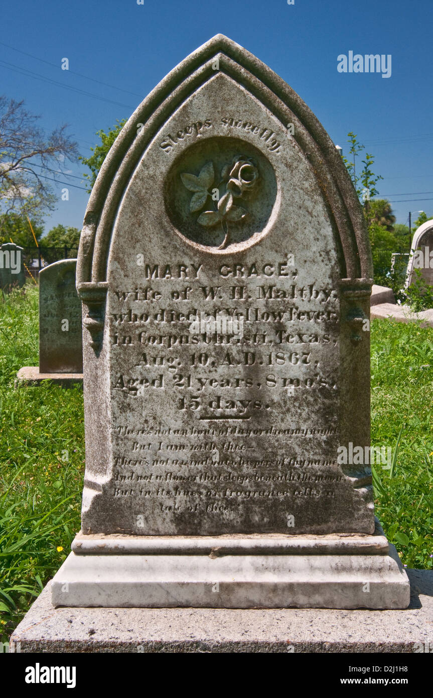 Grabstein aus dem 19. Jahrhundert auf Dem Old Bayview Cemetery, Corpus Christi, Gulf Coast, Texas, USA Stockfoto
