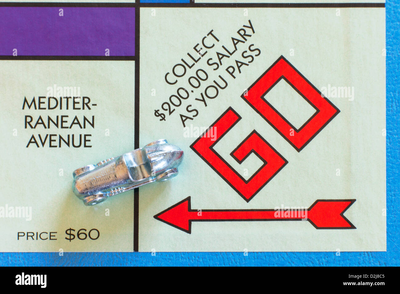 Monopoly Brettspiel mit Rennwagen Token - Mediterranean Avenue und weiter Räume Stockfoto