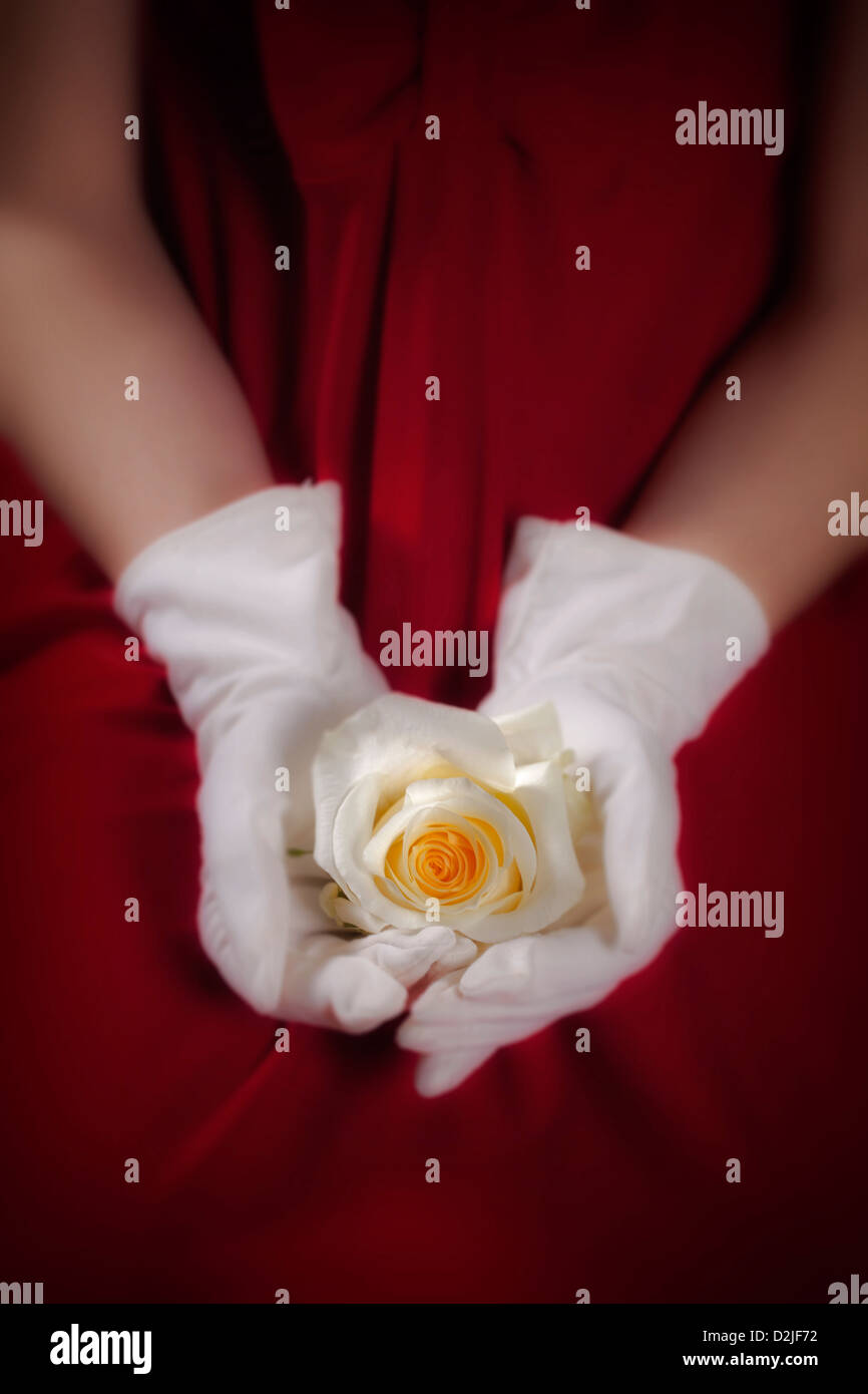 eine Frau in einem roten Kleid mit weißen Handschuhen hält eine weiße rose auf ihrem Schoß Stockfoto