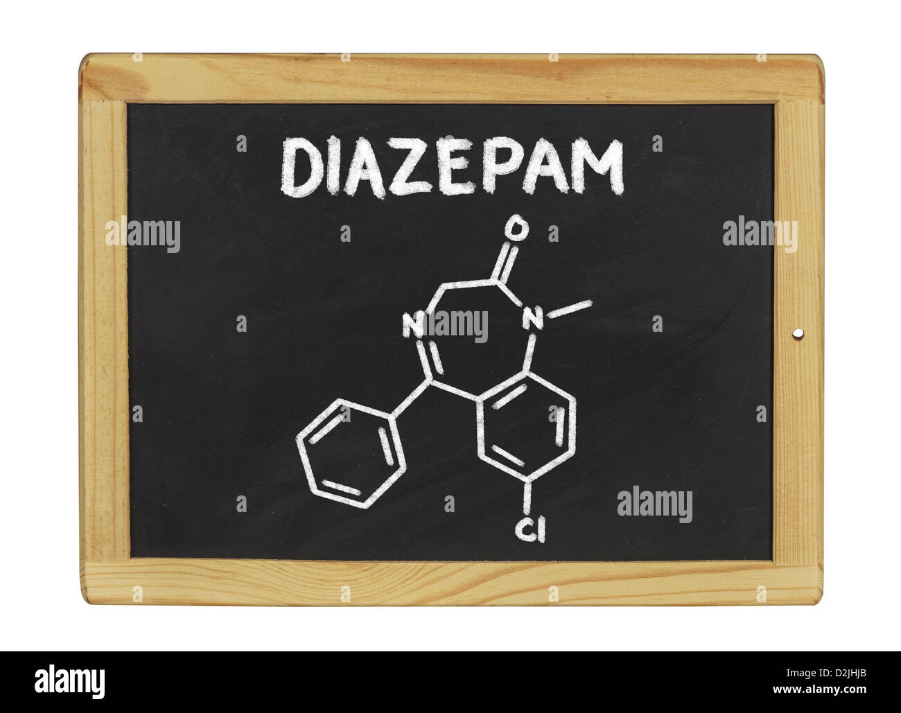 chemische Formel von Diazepam auf einer Tafel Stockfoto