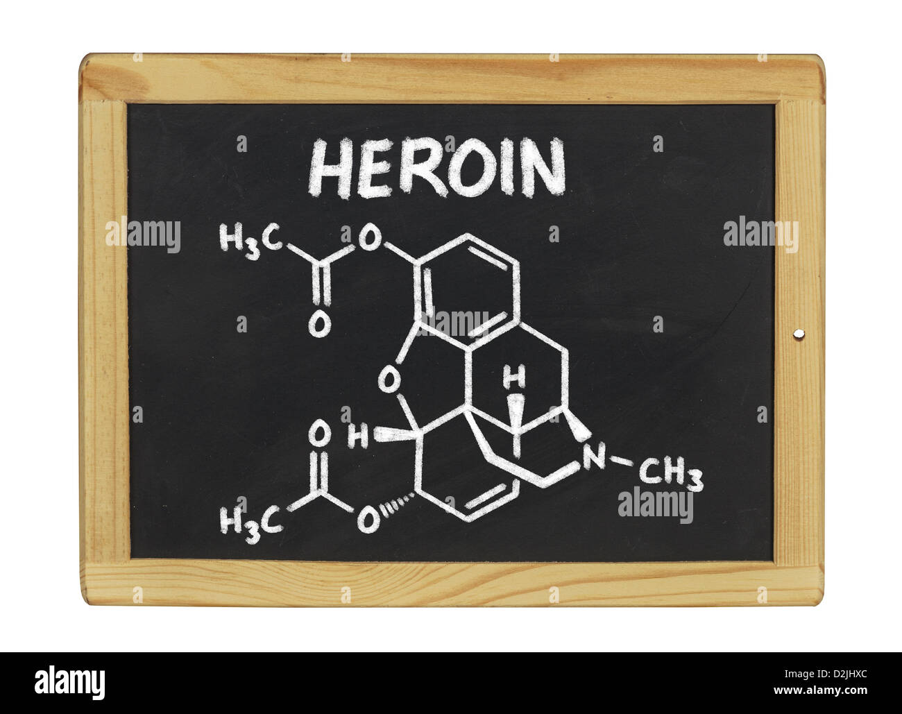 chemische Formel von Heroin auf einer Tafel Stockfoto