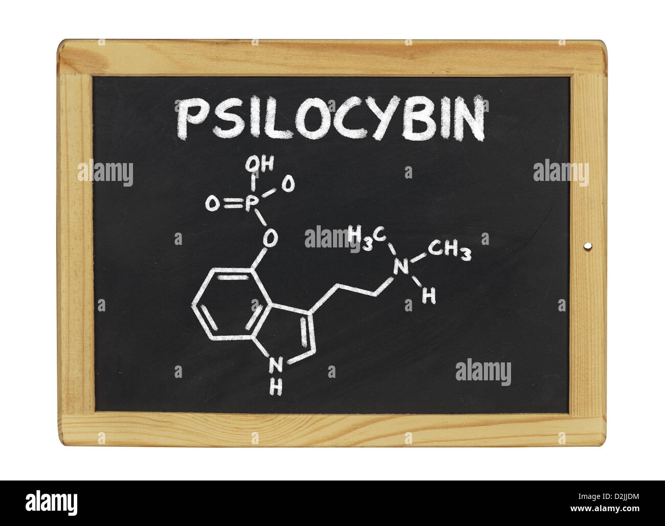 chemische Formel von Psilocybin auf einer Tafel Stockfoto