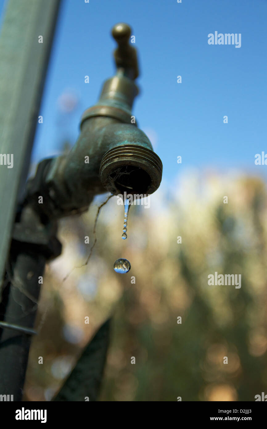 Ein Wasser-Tropfen kommen aus einem älteren Stil Wasserhahn im Garten. Es gibt paar Spinnenweben auf den Wasserhahn. Stockfoto