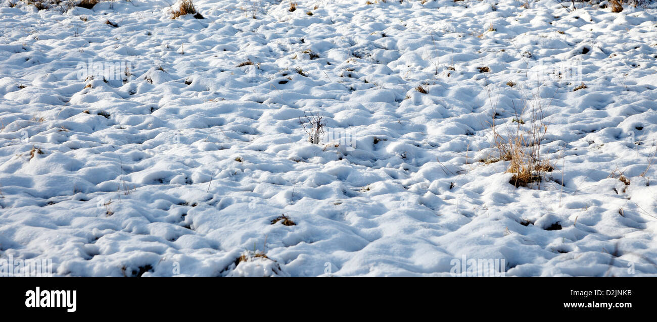 Schnee liegt auf rauen Boden Milton Cambridgeshire Stockfoto