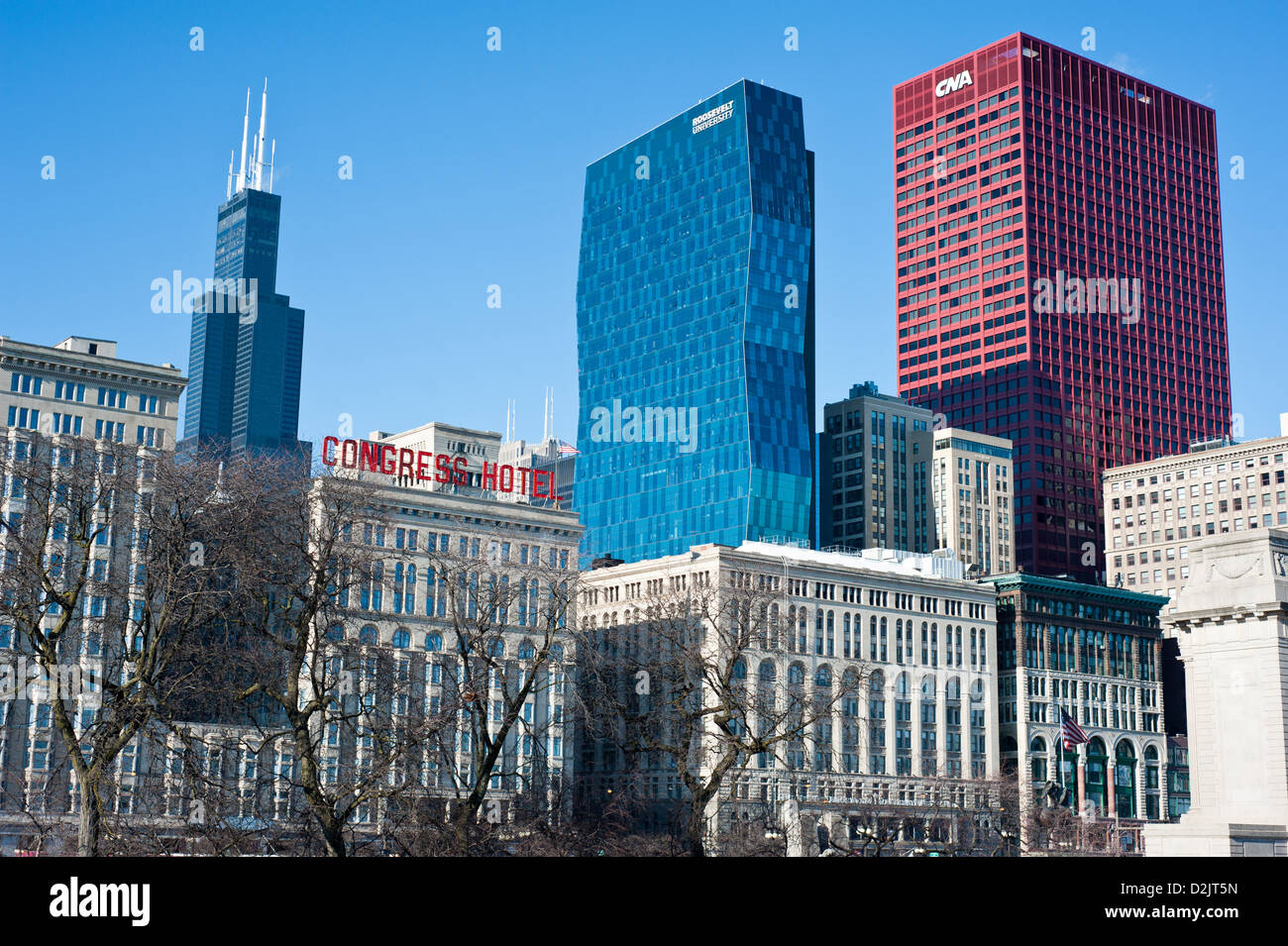 Die Skyline von Chicago von Grant Park aus gesehen Stockfoto