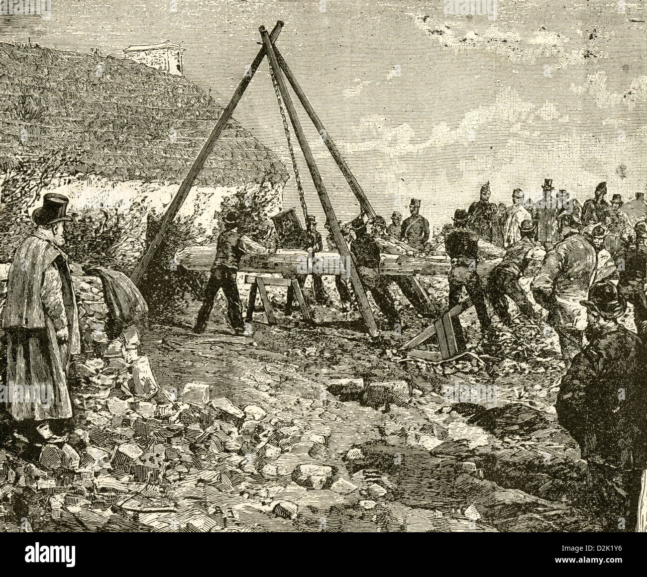 1890-Gravur, eine Räumung in Irland - Constabulary zwingt ihren Weg in ein Bauernhaus. Stockfoto