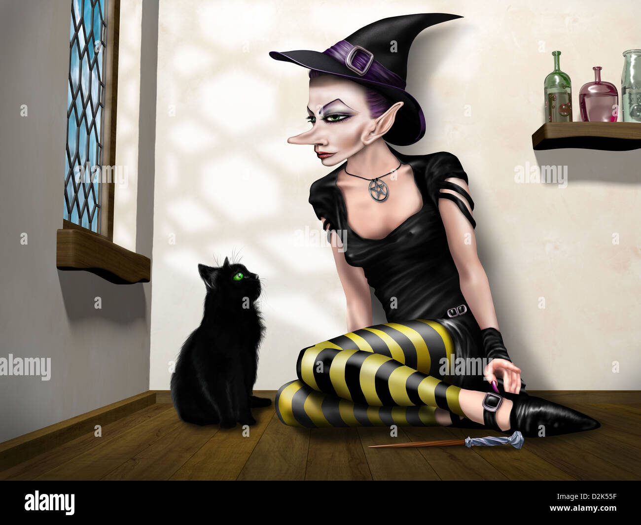 Beispiel für eine junge Hexe sitzt mit ihrer Katze Stockfoto