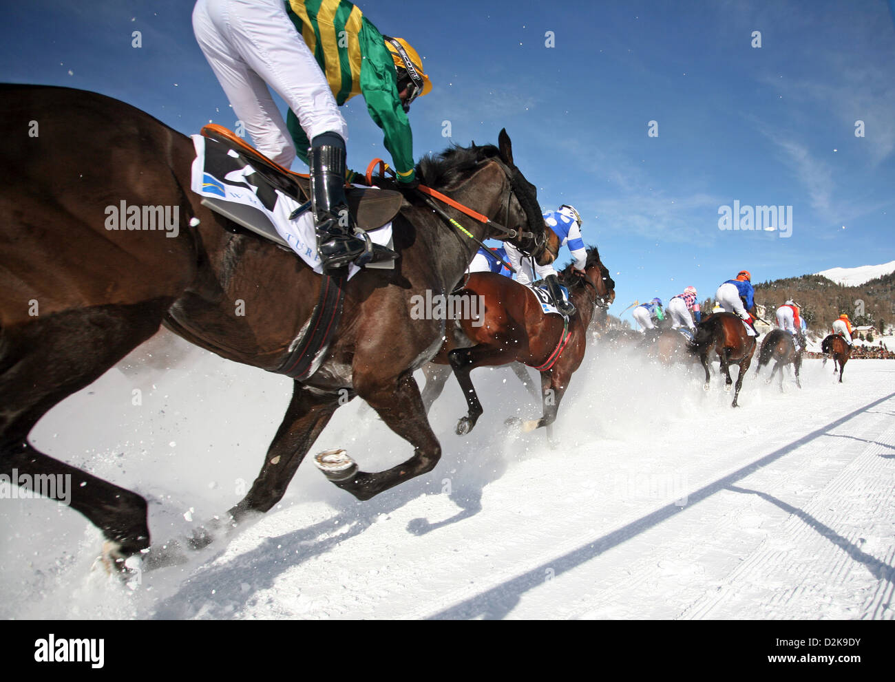 St. Moritz, Schweiz, Pferderennen auf dem St. Moritzersee Stockfoto