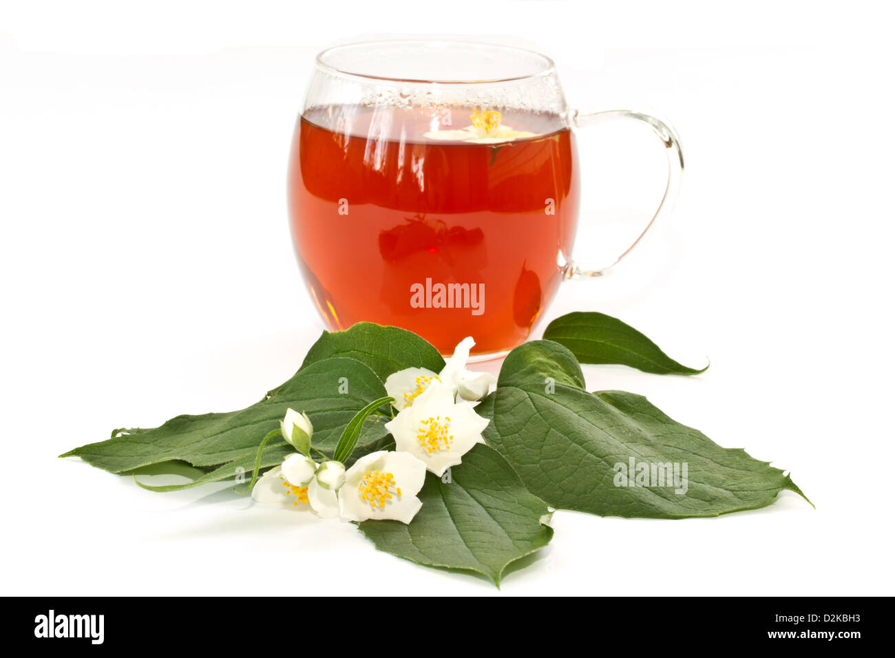 Jasmin-Tee und Jasminblüten auf weißem Hintergrund Stockfoto