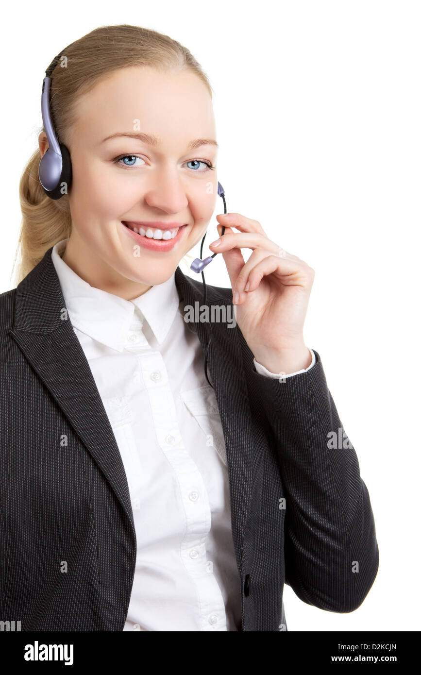 Geschäftsfrau im Gespräch mit Kunden auf Kopfhörer, isoliert auf weiss Stockfoto
