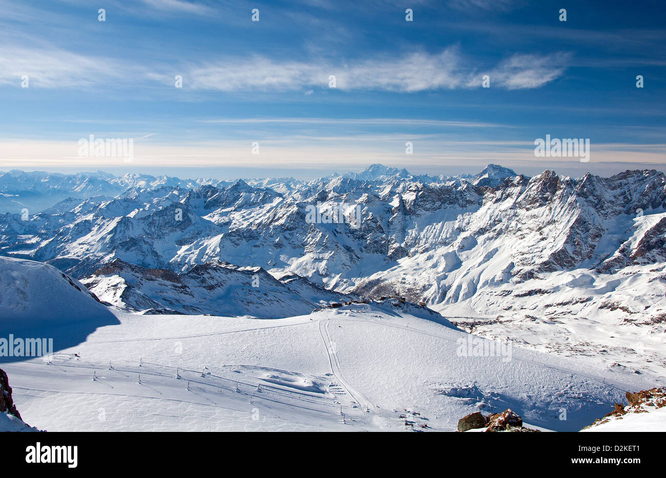 Skipisten auf dem Matterhorn, Blick vom Klein Matterhorn Stockfoto