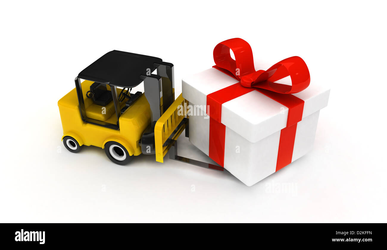 Gabelstapler mit Geschenk box 3d gerendert isoliert Stockfoto