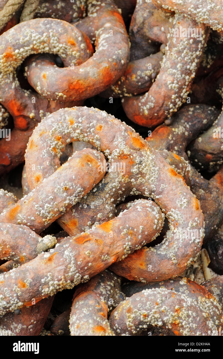 Nahaufnahme von rostigen Eisen Boot Ketten liegen in einem heap Stockfoto